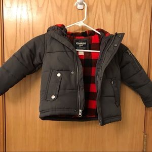 OshKosh B'gosh Gray Puffer Jacket with Red Plaid Lining